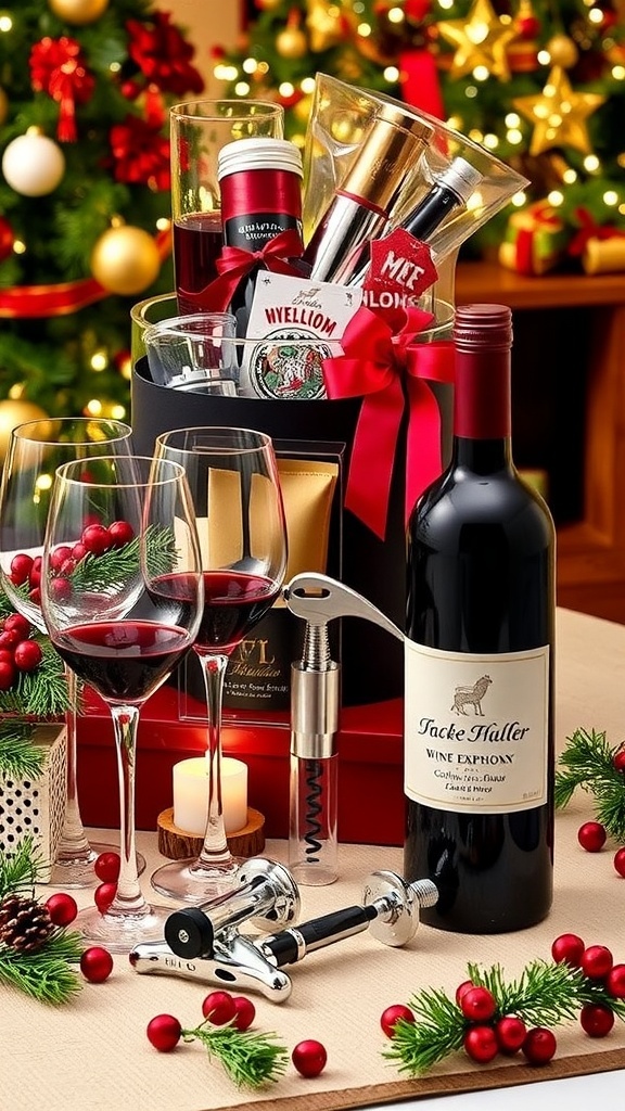 A collection of creative Christmas gifts for wine lovers, including glasses, corkscrew, and personalized wine bottle on a festive table.